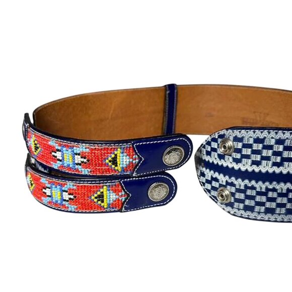 VINTAGE Southwestern Aztec Pattern Wide Double Buckle Leather and Seed Bead Belt main image 6
